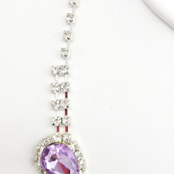 Special Occasion Teardrop Rhinestone Necklace Silver Tone Lavender & Clear NOS - Picture 5 of 8